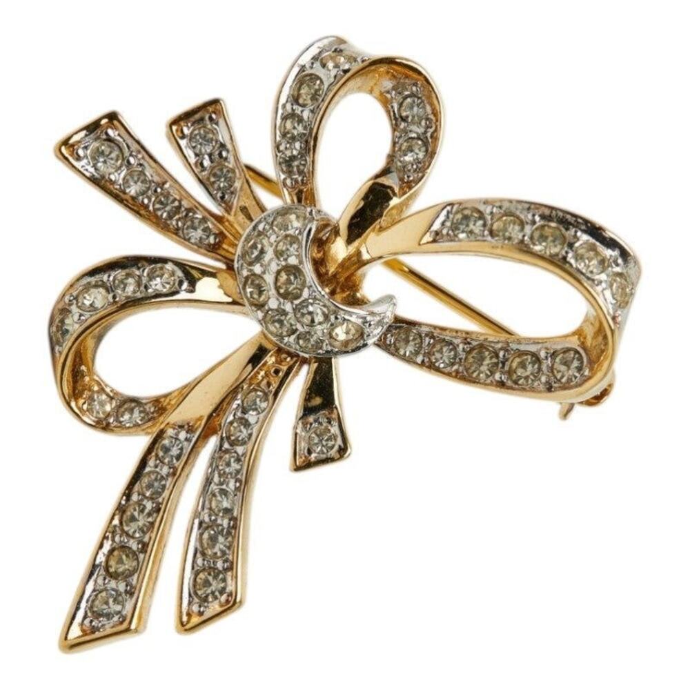 Nina Ricci Ribbon Rhinestone Brooch Gold Plated